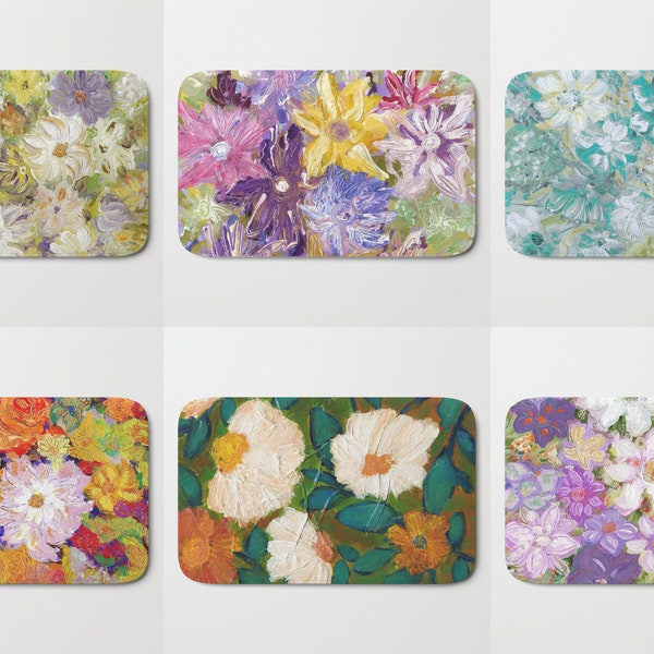 FLORAL Bath Mat Kitchen Plush Rug Memory Foam Abstract flowers Orange Yellow Cobalt Teal Aqua Turquise Blue Lavender Pink Purple White Green