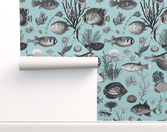 Ocean Fish Wallpaper mint blue grey REMOVABLE Peel and Stick Self Adhesive or PrePasted repositionable EASY INSTALL woven Custom Sizes