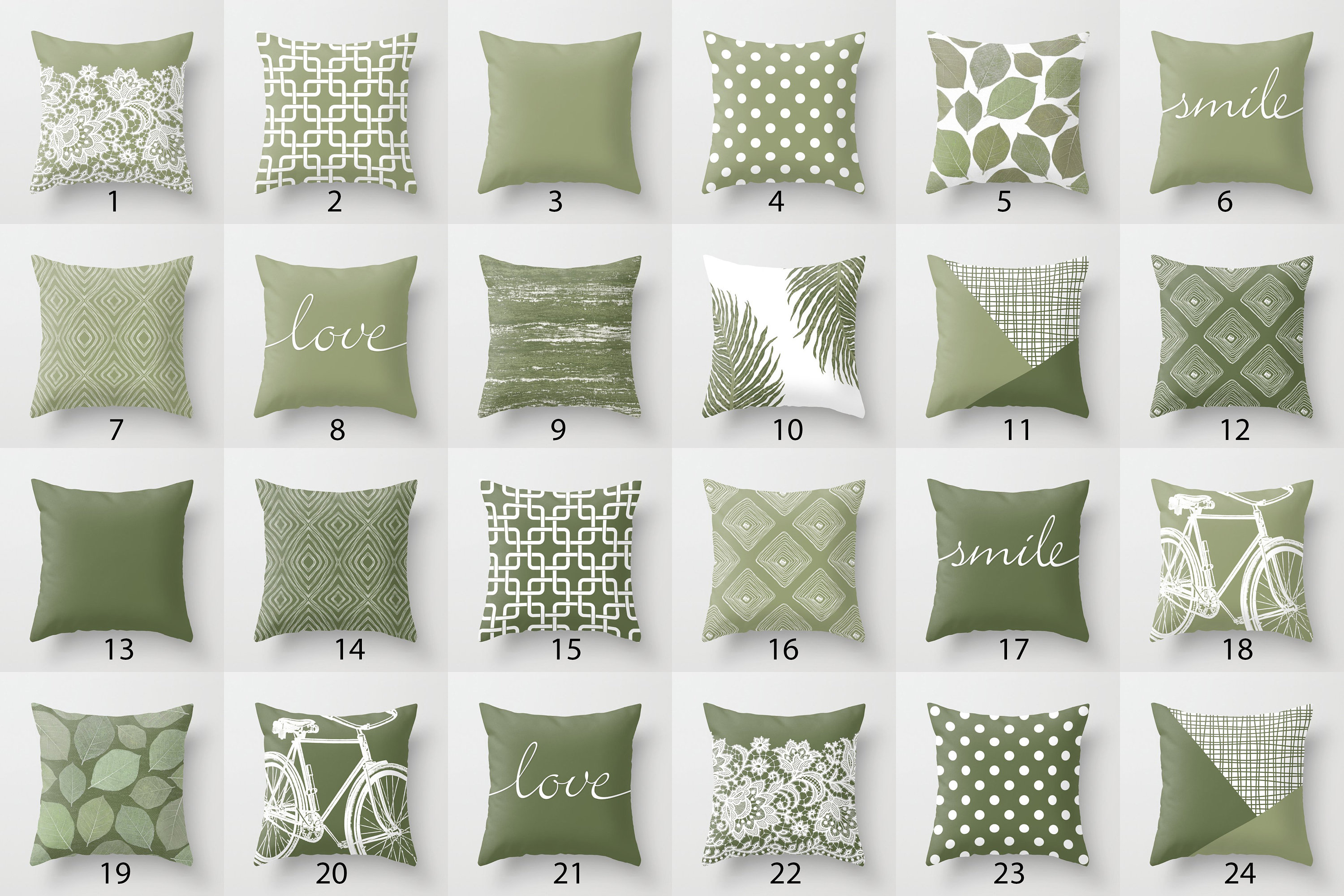 Sage Olive Green White Throw Pillow Mix and Match Indoor Outdoor