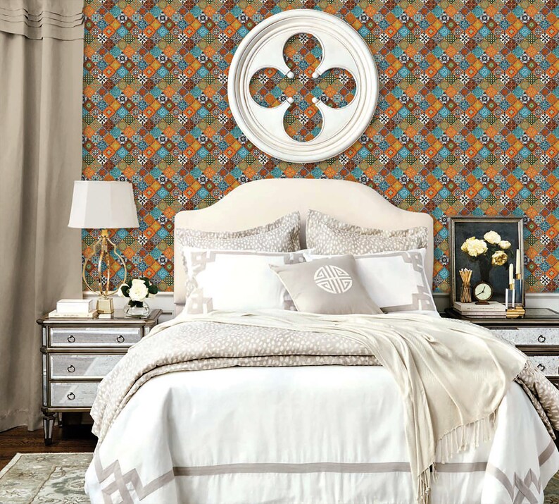 Talavera Tiles S Wallpaper Burnt Orange Blue Removable Peel Etsy