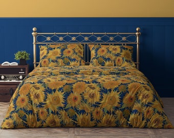 Van Gogh Sunflowers indigo orange 100% Cotton Sateen Bedding Duvet Cover Pillow sham Flat Fitted Sheet king queen full twin saffron yellow