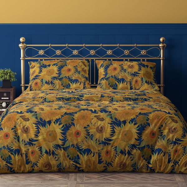 Van Gogh Sunflowers indigo orange 100% Cotton Sateen Bedding Duvet Cover Pillow sham Flat Fitted Sheet king queen full twin saffron yellow