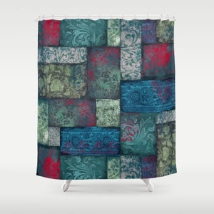 Bohemian Patch Shower Curtain 70x70, 71 x 74, 70x83 Retro Bath Antique Damask blue teal red sage green navy turquoise grey art boho