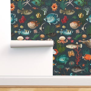 Ocean Fish Wallpaper dark slate grey blue coral petrol REMOVABLE Peel and Stick Self Adhesive or PrePasted repositionable EASY INSTALL woven