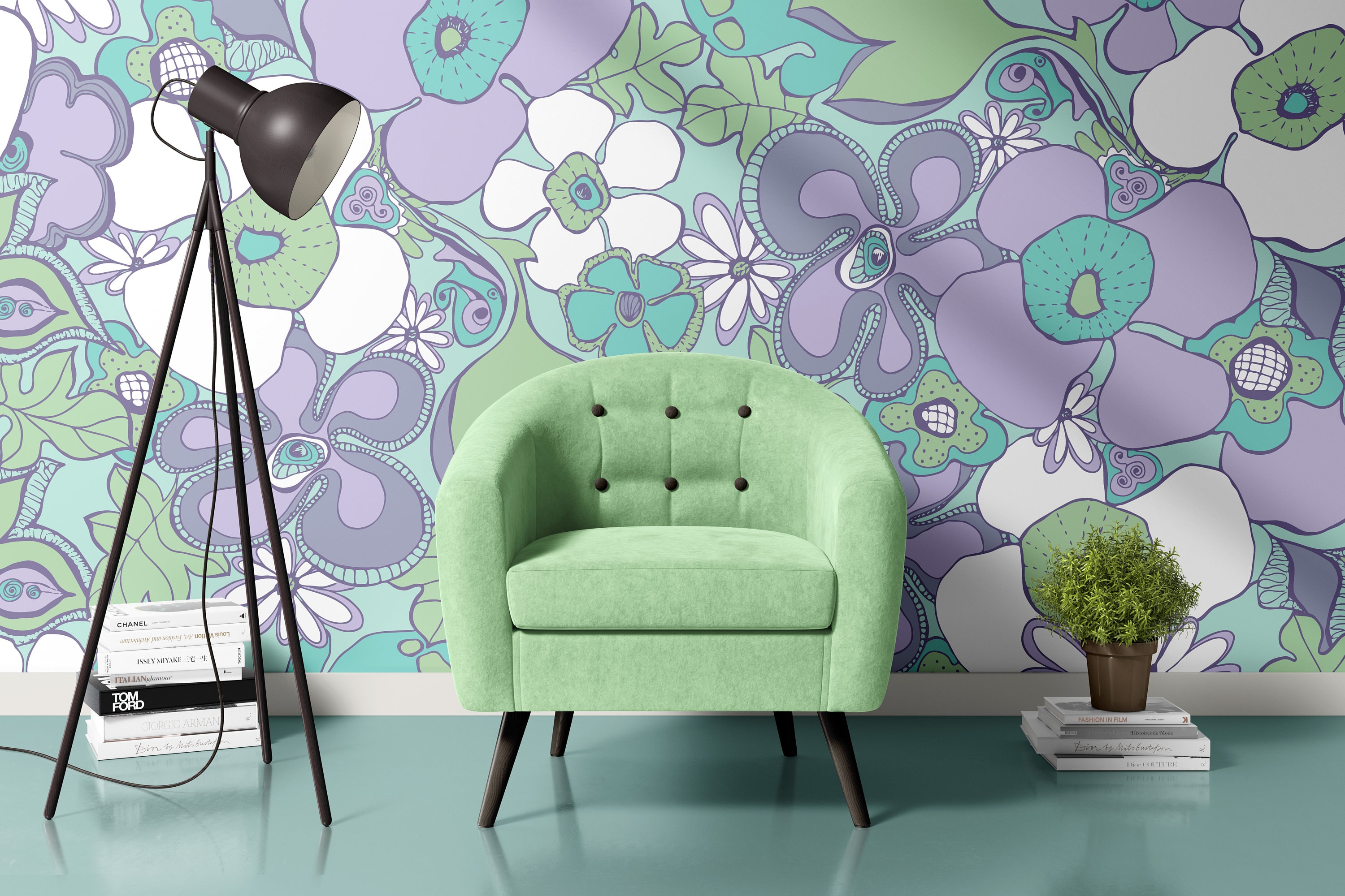 Floral Doodles Wall Mural Green Purple Aqua Lavender Sage 