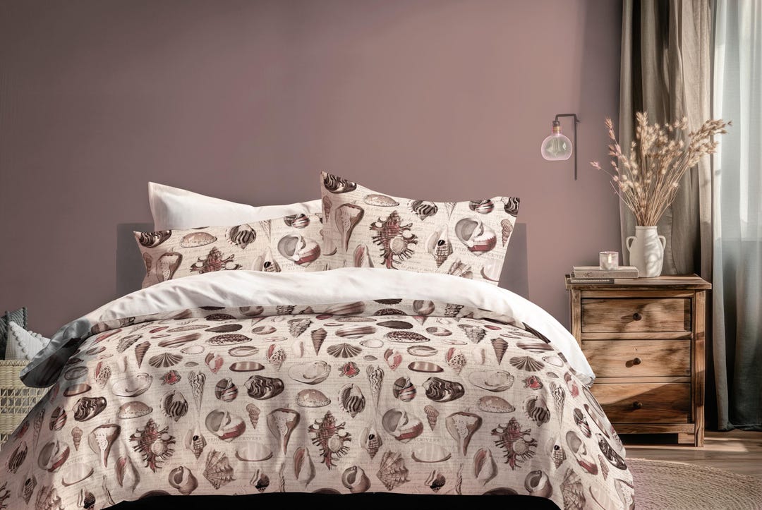 Seashells & Vintage Scripts Bedding in Blush Pink Beige 100% Cotton ...