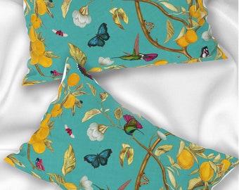 Hummingbirds, Lemons and Bugs 100 % Mulberry Silk or Cotton Sateen Pillow Sham Standard King Size Pillowcase for Hair and Skin Aqua Blue