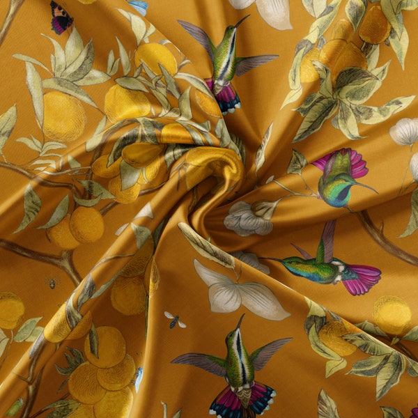 Hummingbirds, Lemons and Bugs in orange green yellow 100% mulberry silk fabric by the meter, Width 52 inch/132 cm Charmeuse Twill Habotai