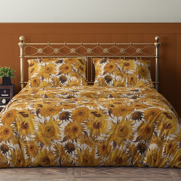 Van Gogh Sunflowers yellow cream brown 100% Cotton Sateen Bedding Duvet Cover Pillow sham Flat Fitted Sheet king queen full twin saffron