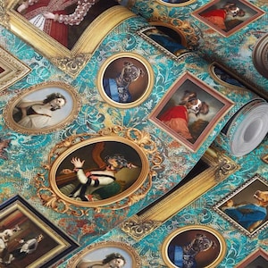 May include: Wallpaper roll featuring a repeating pattern of framed portraits of dogs and people on a teal and gold damask background. The portraits are in various shapes and sizes, with ornate gold frames.