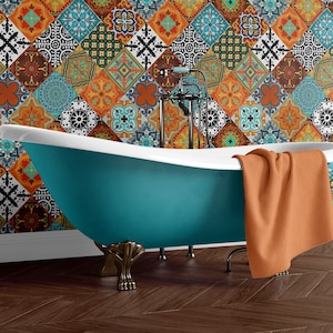 Talavera Tiles L Wallpaper Burnt Orange Blue Removable Peel and Stick Self Adhesive or PrePasted repositionable EASY INSTALL bright bold