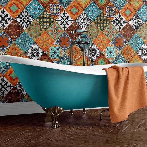 Talavera Tiles L Wallpaper Burnt Orange Blue Removable Peel and Stick Self Adhesive or PrePasted repositionable EASY INSTALL bright bold