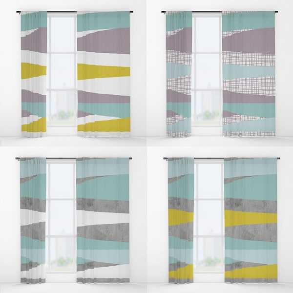 NORDIC Color Block Triangles Window Curtains 50" x 84" Bedroom drapes, White Mustard yellow Stone Dove Grey Duck egg Aqua Blue Mauve