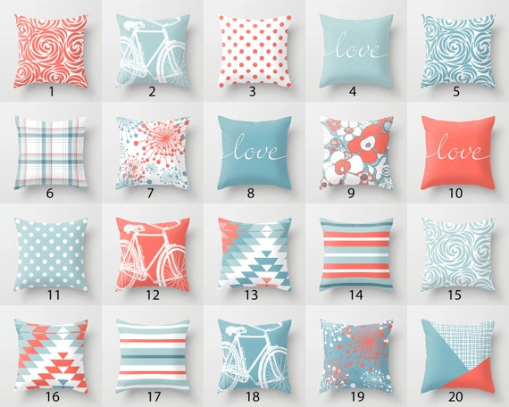 coral and blue throw pillows