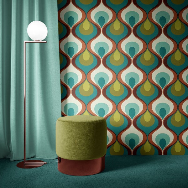 Retro Mood Wallpaper REMOVABLE Peel and Stick Self Adhesive repositionable EASY INSTALL woven Custom Size Reusable decal Brown Green Blue
