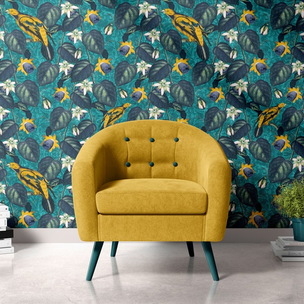 Bohemian Paradise with Birds Yellow Teal Navy Blue Wallpaper REMOVABLE Peel n Stick Self Adhesive repositionable EASY INSTALL decal