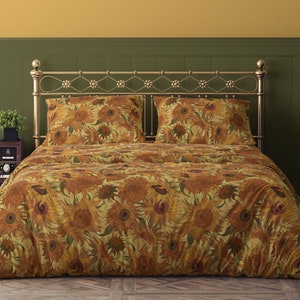 Van Gogh Sunflowers saffron orange yellow 100% Cotton Sateen Bedding Duvet Cover Pillow sham Flat Fitted Sheet king queen full twin olive