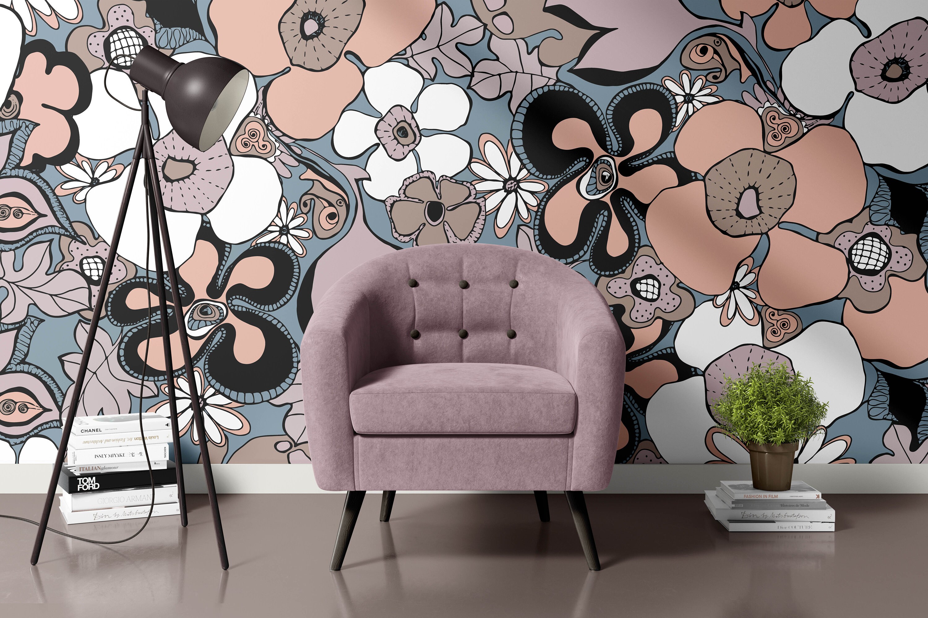 Floral Doodles Wall Mural Slate Blue Blush Pink Peach Taupe - Etsy