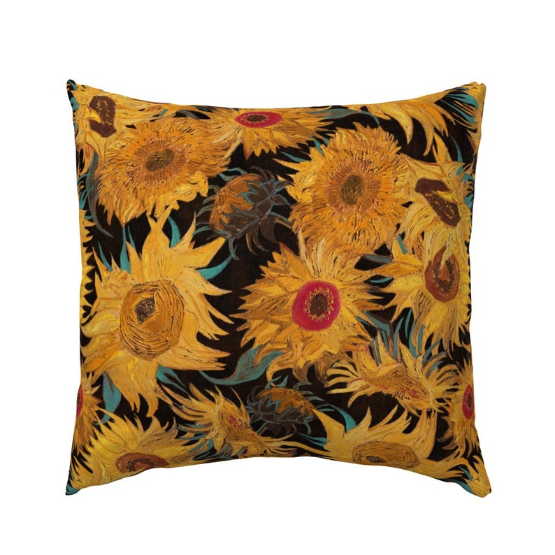 Van Gogh Sunflowers black yellow turquoise 100% Cotton Sateen Bedding Duvet Cover Pillow sham Flat Fitted Sheet king queen full twin saffron Knife Sham 26"x26"