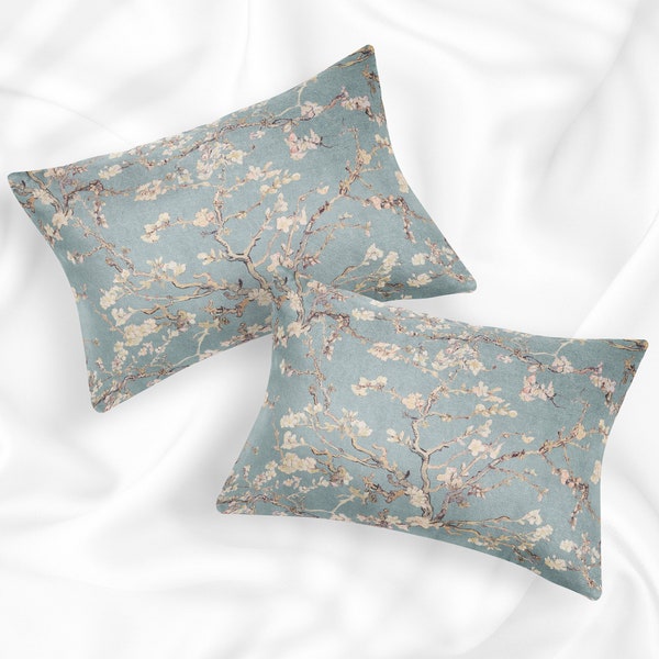 Van Gogh Almond Blossom 100 % Mulberry Silk or Cotton Sateen Pillow Sham Standard King Size Pillowcase for Hair and Skin Slate Blue Sage