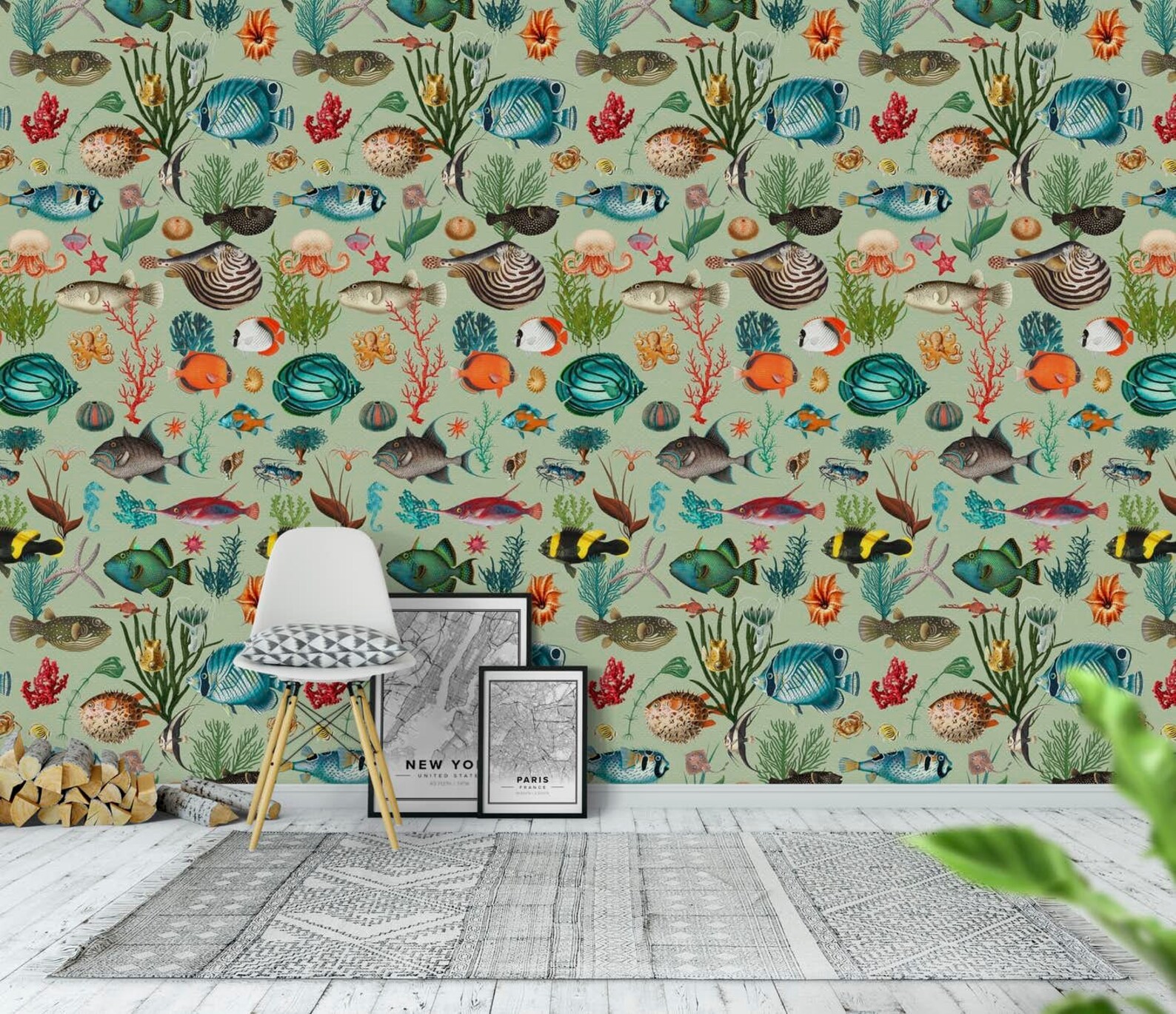 Ocean Fish Wallpaper Sage Teal Coral Red REMOVABLE Peel and | Etsy