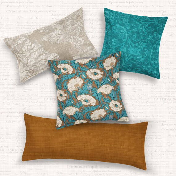 Vintage Mix Teal Blue Rust Cream Beige Throw Pillows Velvet Linen