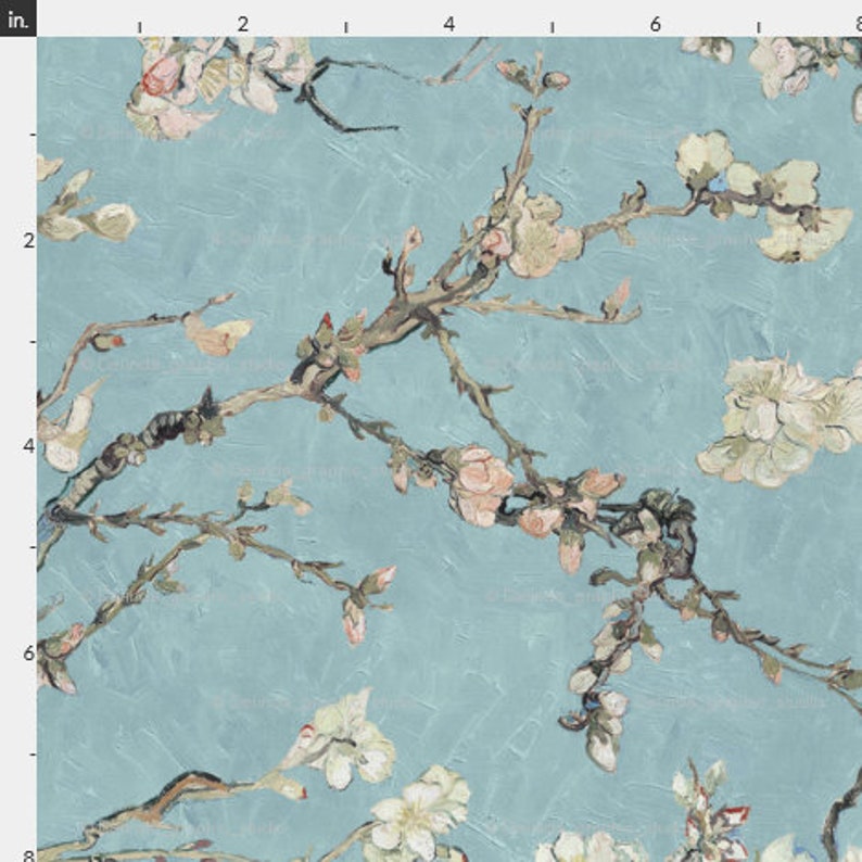 K&ouml;nnte beinhalten: Ein Gem&auml;lde eines Zweigs eines bl&uuml;henden Mandelbaums mit rosa und wei&szlig;en Bl&uuml;ten vor einem hellblauen Hintergrund. Das Gem&auml;lde ist im Stil von Vincent van Gogh.