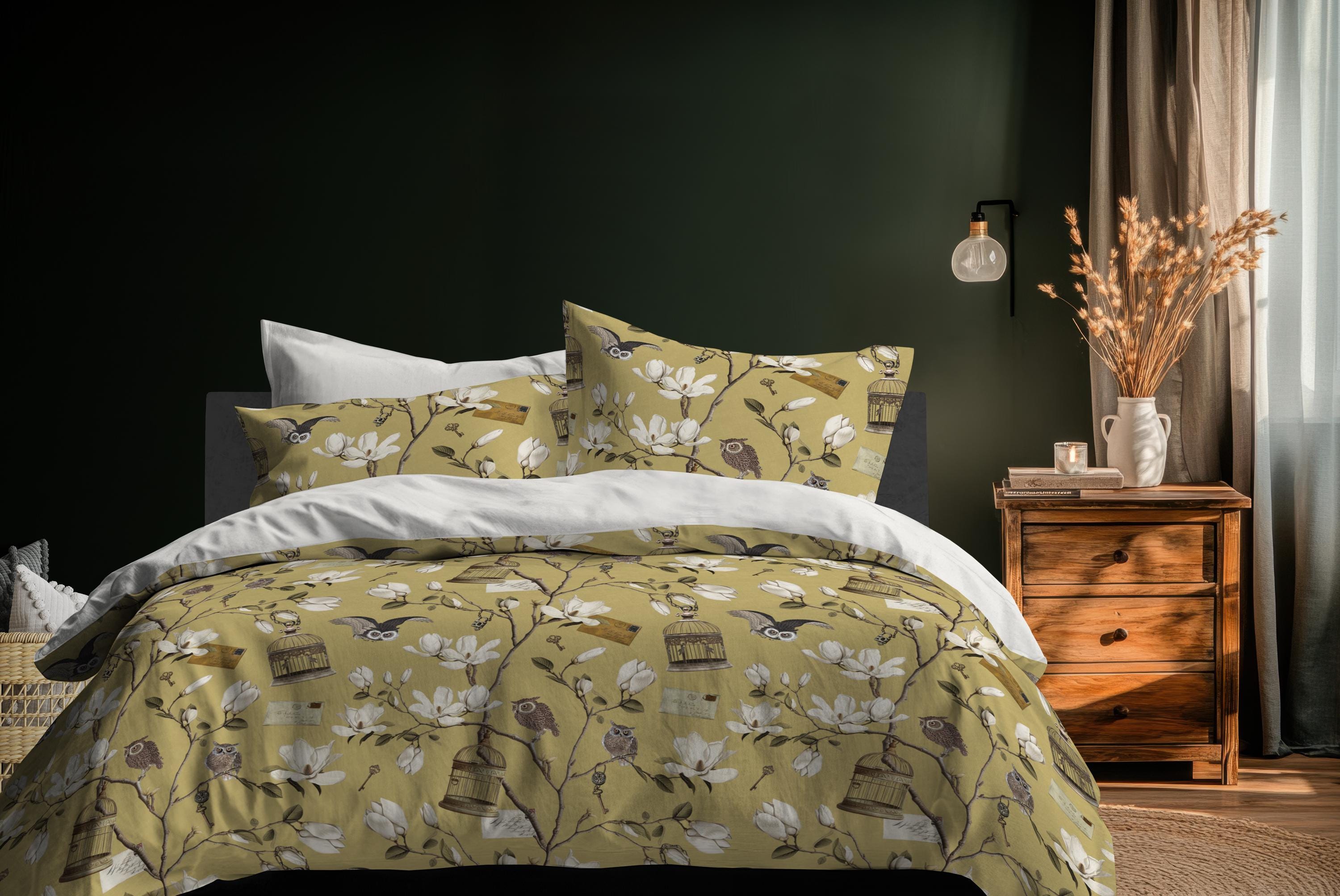 Magnolia Grove & Owls in Naples Yellow 100% Cotton Sateen Bedding Duvet Cover Pillow sham Pillow