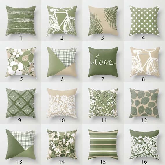 Sage Olive Green Beige White Throw Pillow Mix and Match Indoor