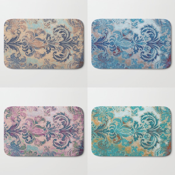 Grunge Damask Bath Mat Kitchen Plush Rug Memory Foam Vintage Victorian Bathroom Antique turquoise slate blue retro pink beige peach sand tan