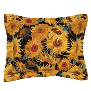 Van Gogh Sunflowers black yellow turquoise 100% Cotton Sateen Bedding Duvet Cover Pillow sham Flat Fitted Sheet king queen full twin saffron Flanged Sham 30"x24"