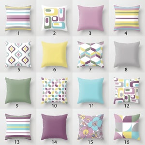 Violet Yellow Blue Green White Grey Throw Pillow Mix and Match Indoor Outdoor Cushion cover Accent Couch Toss Geometric Living Room Mauve