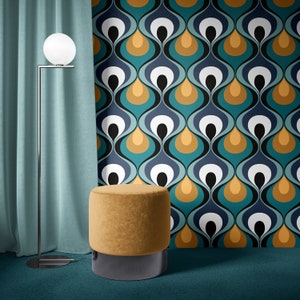 Retro Mood Wallpaper REMOVABLE Peel and Stick Self Adhesive repositionable EASY INSTALL woven Custom Size Reusable decal mustard teal blue