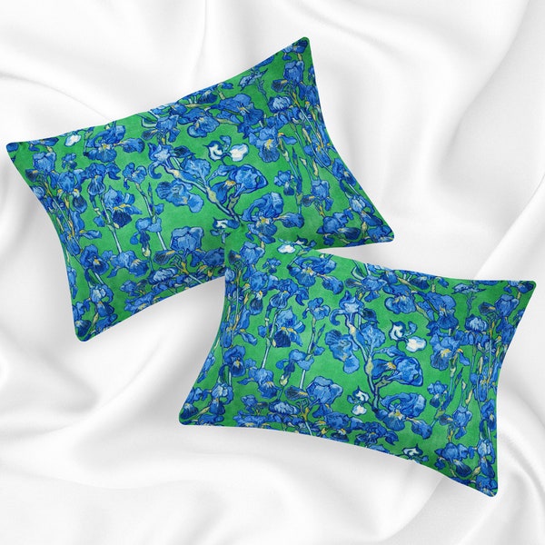 Van Gogh Irises cobalt blue emerald green 100 % Mulberry Silk or Cotton Sateen Pillow Sham Standard King Size Pillowcase for Hair and Skin