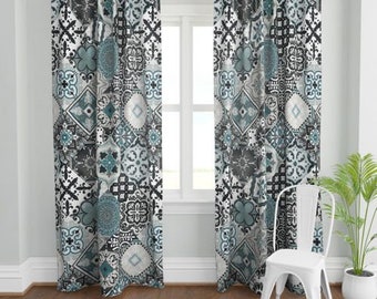 Talavera Tiles Window Curtains 50" x 84", 50" x 96", 50" x 108" Sheer Blackout Velvet Cotton Linen Sateen Bedroom drapes Teal Mint Grey Aqua
