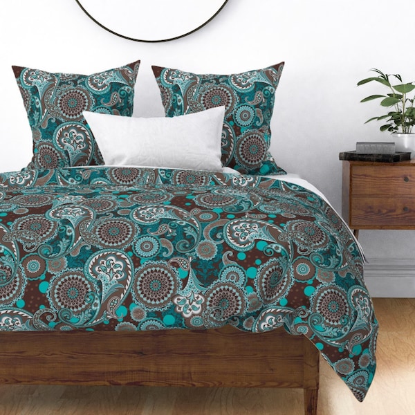 Paisley Mandala Blue Brown 100% Cotton Sateen Bedding Duvet Cover Pillow sham Flat Fitted Sheet king queen full twin teal green bohemain