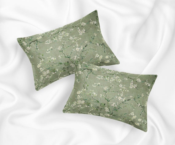 Van Gogh Almond Blossom 100 % Mulberry Silk or Cotton Sateen Pillow Sham Standard King Size Pillowcase for Hair and Skin Sage Pale Green