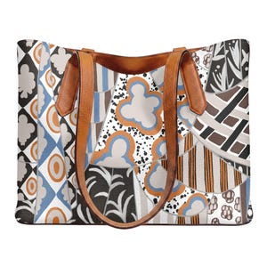 Boho Geometric Printed Tote | Vegan Leather Shoulder Bag | Patterned Collage Everyday Purse, Gift for Her, Artistic Bag with Brown Handles