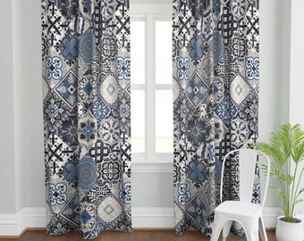 Talavera Tiles Window Curtains 50" x 84", 50" x 96", 50" x 108" Sheer Blackout Velvet Cotton Linen Sateen Bedroom drapes Navy Cobalt Grey