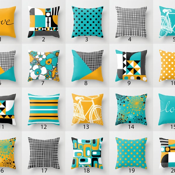 Black White Yellow and Turquoise Throw Pillow Mix and Match Indoor Outdoor Cushion cover Accent Couch Toss Aqua Teal Blue Saffron Mustard