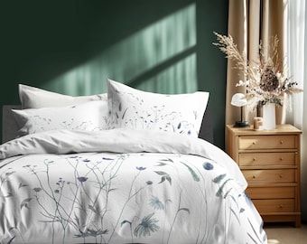 Wildflowers and Dragonflies Bedding in White Blue Green 100% Cotton Sateen Duvet Cover Pillow sham standard king queen full twin