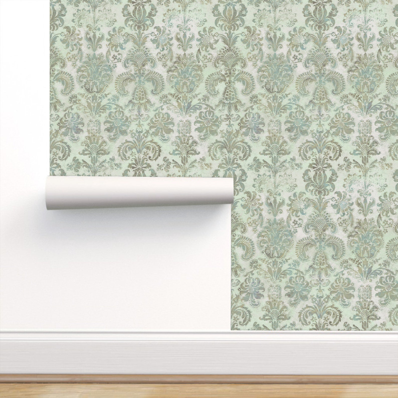 Grunge Damask Wallpaper Duck Egg Blue Sage Green REMOVABLE Etsy