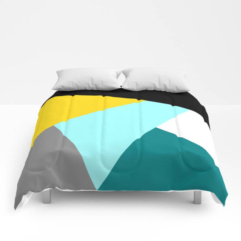 Nordic Color Block Duvet Cover Or Comforter Bedspread Twin Full Black Yellow Aqua Teal Blue White Anthracite Grey Abstract Geometric Pattern Image 0