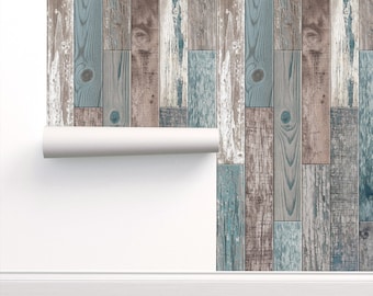 Reclaimed Boat Wood Random Tiles Wallpaper Blue Beige White REMOVABLE Peel and Stick Self Adhesive PrePasted repositionable EASY INSTALL