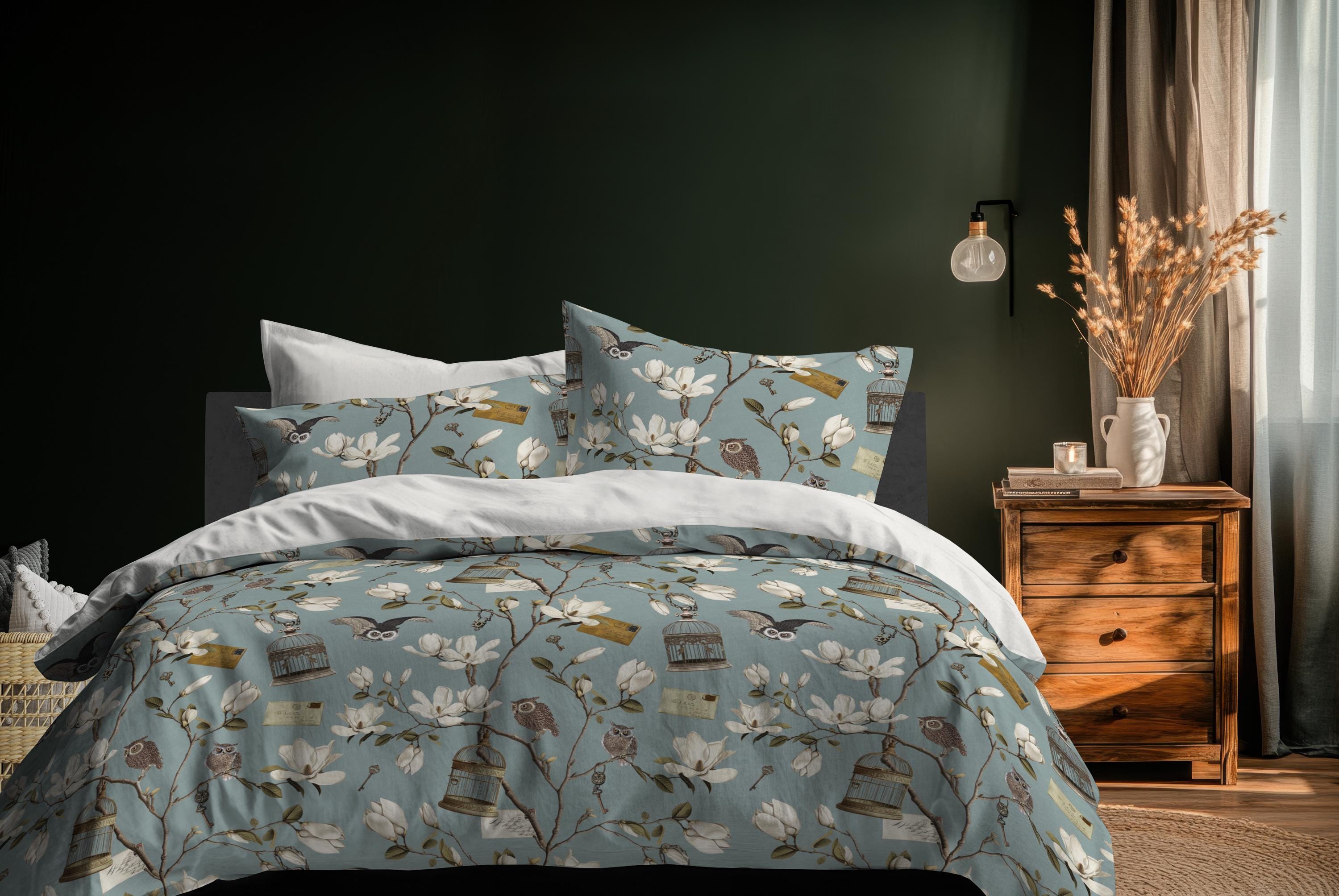 Magnolia Grove & Owls in Duck egg blue 100% Cotton Sateen Bedding Duvet Cover Pillow sham Pillow
