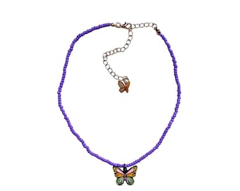 Multi-Color Butterfly Pendant Necklace On Purple Beaded Chain, Girls Butterfly Charm Necklace, Dainty Adjustable Butterfly Charm Necklace