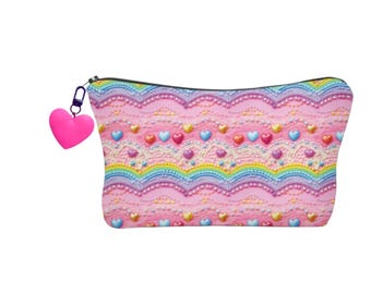 Printed Heart Zipper Makeup Pouch With Matching Bag Charm, Heart Pencil Case, Girls Gift, Gift For Teen Girl, Mom Gift, Mini Travel Pouch