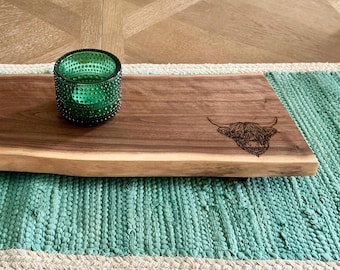 Live Edge Walnut Riser, Customizable Wood Tray, Engraved Highland Cow Board