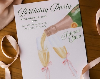 Invitación de cumpleaños con botella de champán: Plantilla de Canva para celebrar en rosa y dorado (descarga digital de 5x7)