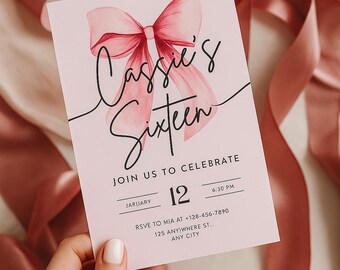 Invitación elegante y femenina para quinceañera: Lazo rosa (Plantilla en lienzo 5x7, descarga digital)